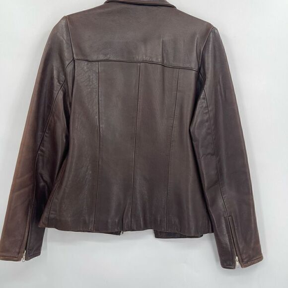 Politix Brown Collared Open Bottom Long Sleeve Zip Up Leather Jacket Size 4 - Picture 8 of 10